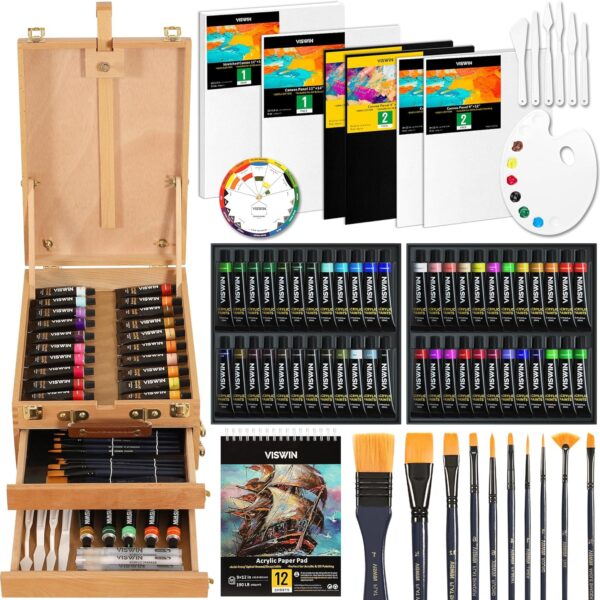 VISWIN Deluxe Acrylic Paint Set, 74 Pcs Complete Art Supplies with Tabletop Sketch Box Easel, 48 Colors Acrylic Paints, Canvas, Paint Brushes, Painting Kit for Adults, Art Set for Artists, Beginners