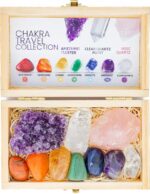 CRYSTALYA Travel Chakra Crystals and Healing Stones in Wooden Gift Box + 50pg EBOOK – 7 Chakra Tumbled Gemstones, Amethyst Crystal, Rose Quartz, Quartz Crystal Point, Stone Guide, Made in U.S.A.