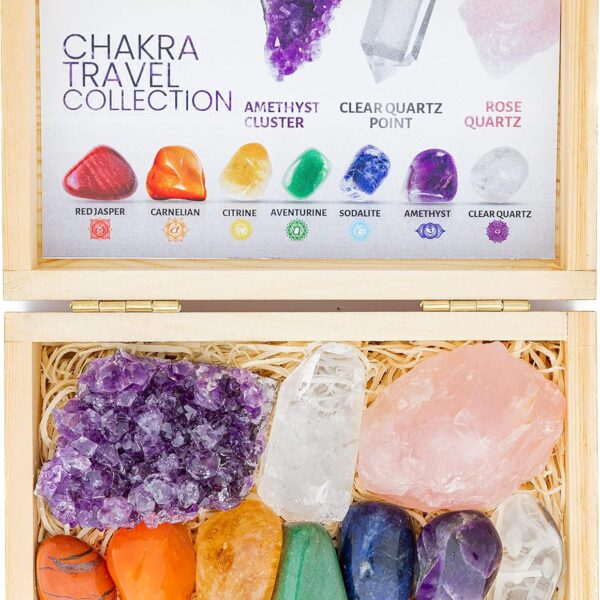 CRYSTALYA Travel Chakra Crystals and Healing Stones in Wooden Gift Box + 50pg EBOOK – 7 Chakra Tumbled Gemstones, Amethyst Crystal, Rose Quartz, Quartz Crystal Point, Stone Guide, Made in U.S.A.