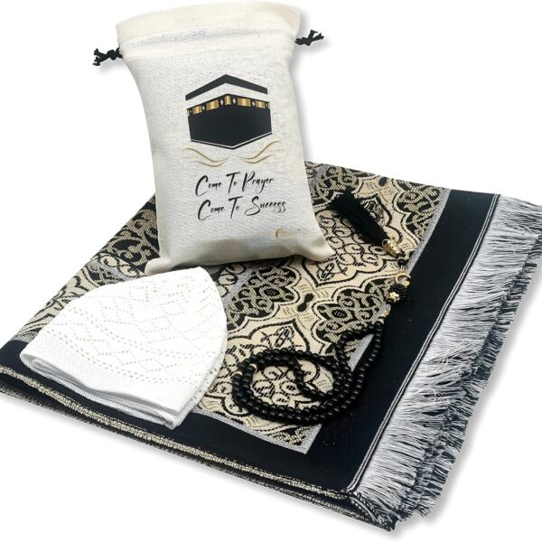 Muslim Prayer Rug - 99 Beads & Cap Included, Islam Prayer Mats for Men, Women & Kids (Black)