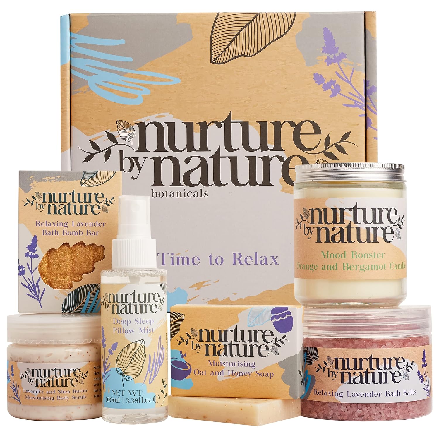91HpmCGnPL._SL1500_.jpg Nurture by Nature RELAX & CALM Spa Kit - Mothers Day Gift - Spa Gift Baskets For Women, Complete Bath Sets for Women Gift - Lavender Pillow Mist, Bath Salts, Bath Bomb - Self Care Gift Basket - Image 1