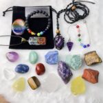 22Pcs Healing Crystals Set, Chakra Quartz Kits in Wooden Box (7 Raw and 7 Tumbled Chakra Stones, Lava Bracelet, Chakra Necklace and Amethyst Pendulum, Thumb Worry Stone, Selenite Charging Plate, etc.) - Image 3