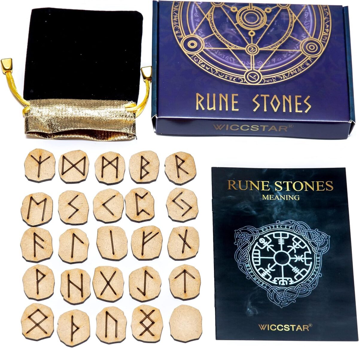 Runes Stones Set with Velvet Pouch, Instruction Guide, and Layout Chart Box for Beginners and Experienced Users - Image 1