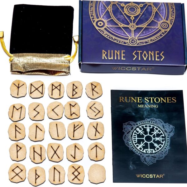 Runes Stones Set with Velvet Pouch, Instruction Guide, and Layout Chart Box for Beginners and Experienced Users