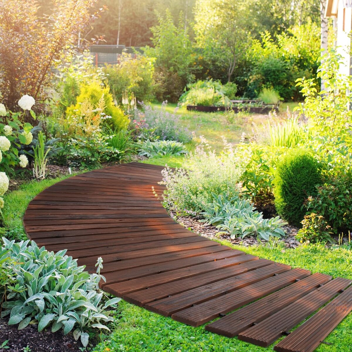 Spurgehom 8FT Wooden Garden Pathway Curved Outdoor Walkway Roll Out Cedar Wood Patio Flooring Path Decorative Lawn Patio Pavers Boardwalk Beach Wedding Party (Brown) - Image 2