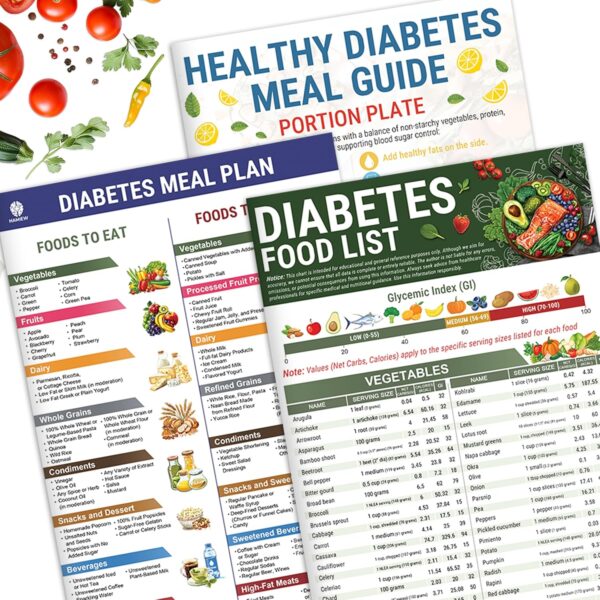 3 Pcs Diabetes Food List, Printable Diabetic Food Chart Brochure, Diabetes Information Chart, Vitamin Low Carb, Meal Planner for Diabetics Type 1 w/Serving Size, Glycemic Index (GI), Carbs Calories