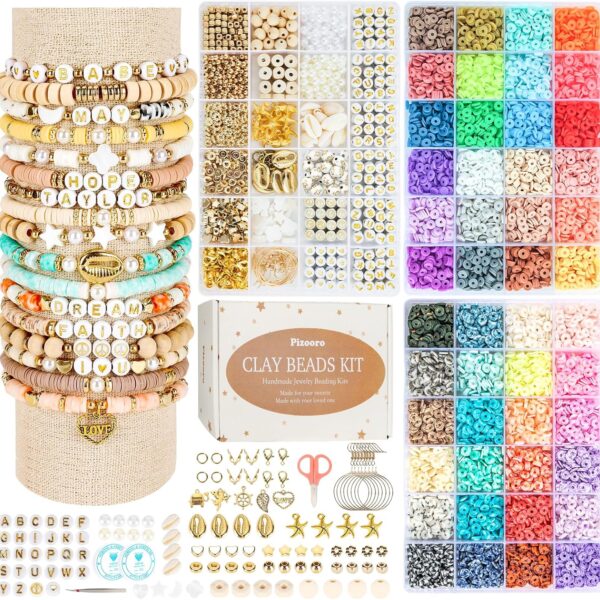 Pizooro Clay Beads 3 Boxes Bracelet Making Kit, 10500pcs Beads for Jewelry Making, Round Letter Beads with Charm and Elastic Strings, Friendship Bracelets Holiday Gifts for Girls Adults