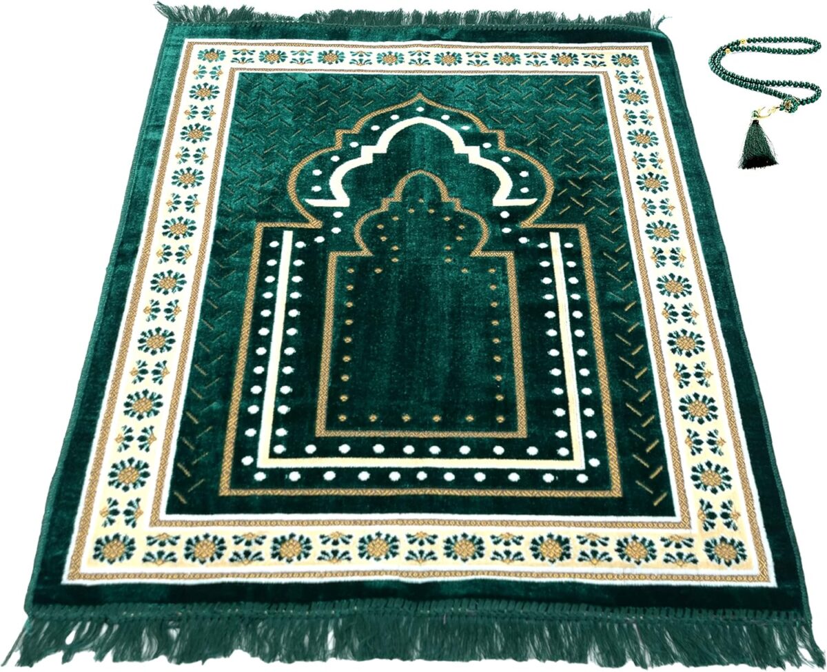 TB Islamic Prayer Rug Thick Soft Velvet Muslim Mat Unique Arabic Turkish African Embroidered Design Prayer Bead Daily Salah Prayer Meditation Ramadan Eid Gift for Women Men Kids (Green) - Image 1