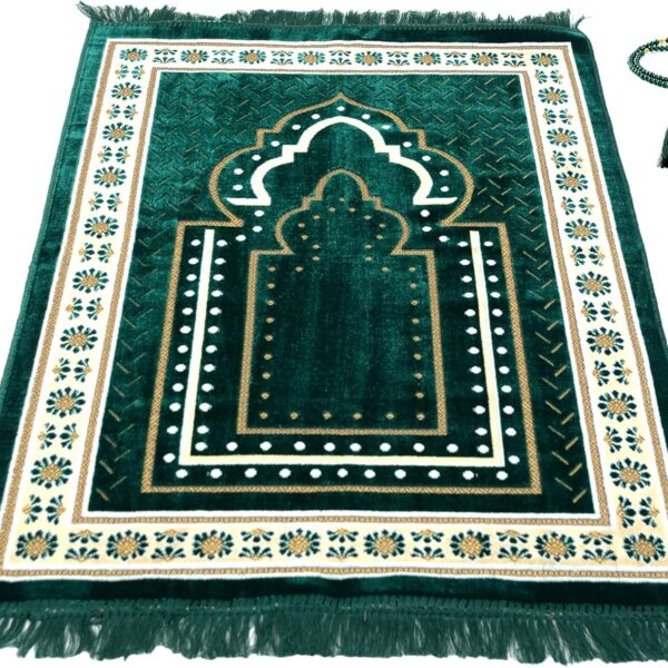 TB Islamic Prayer Rug Thick Soft Velvet Muslim Mat Unique Arabic Turkish African Embroidered Design Prayer Bead Daily Salah Prayer Meditation Ramadan Eid Gift for Women Men Kids (Green)