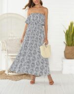ZMPSIISA Women's Summer Off The Shoulder Maxi Dress Ruffle Strapless Blue White Porcelain Boho Casual Loose Long Dresses - Image 2