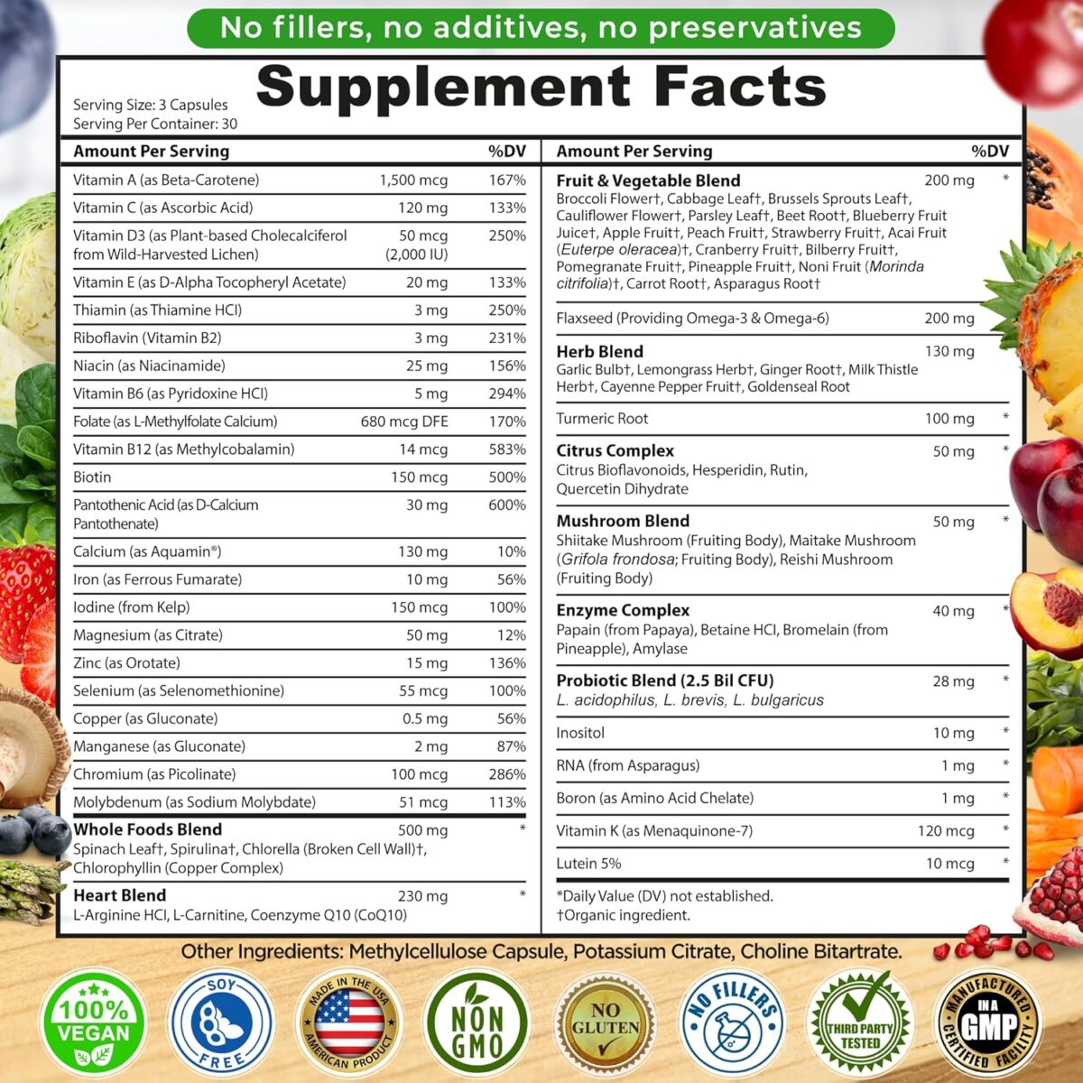 Vegan Whole Food Multivitamin with Iron, Daily Multivitamin for Women and Men, Made with Fruits & Vegetables, B-Complex, Probiotics, Enzymes, CoQ10, Omegas, Turmeric, Non-GMO, 90 Count - Image 6