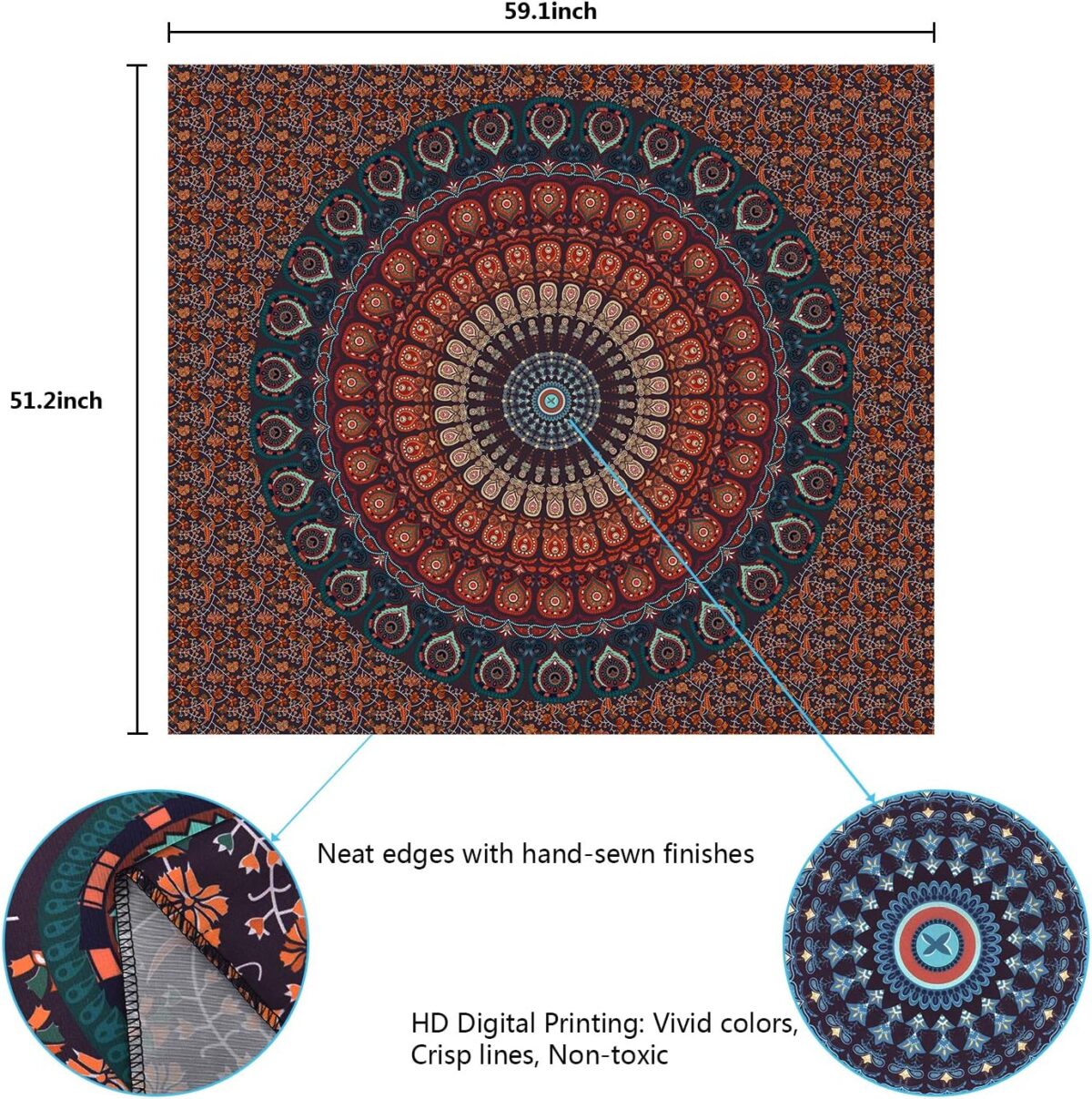 Lyacmy Bohemian Mandala Tapestry Hippie Tapestries Psychedelic Peacock Boho Tapestry Wall Hanging for Bedroom(51.2 x 59.1 inches) - Image 7