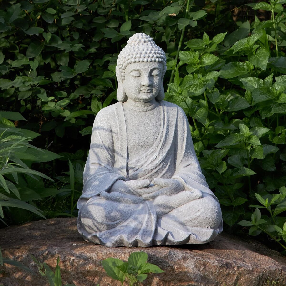 TOETOL Zen Garden Asian Buddha Statue Outdoor Indoor Yard Decor 20” High Patio Deck Sculptures Magnesium Oxide Stone Grey Home Entryway Hallway - Image 1