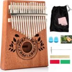 Kalimba 17 Key Thumb Piano, Portable Mahogany Mbira Finger Piano with Instruction, Carrying Bag, Tune Hammer, Holiday Gift for Kids & Adults, Light Brown