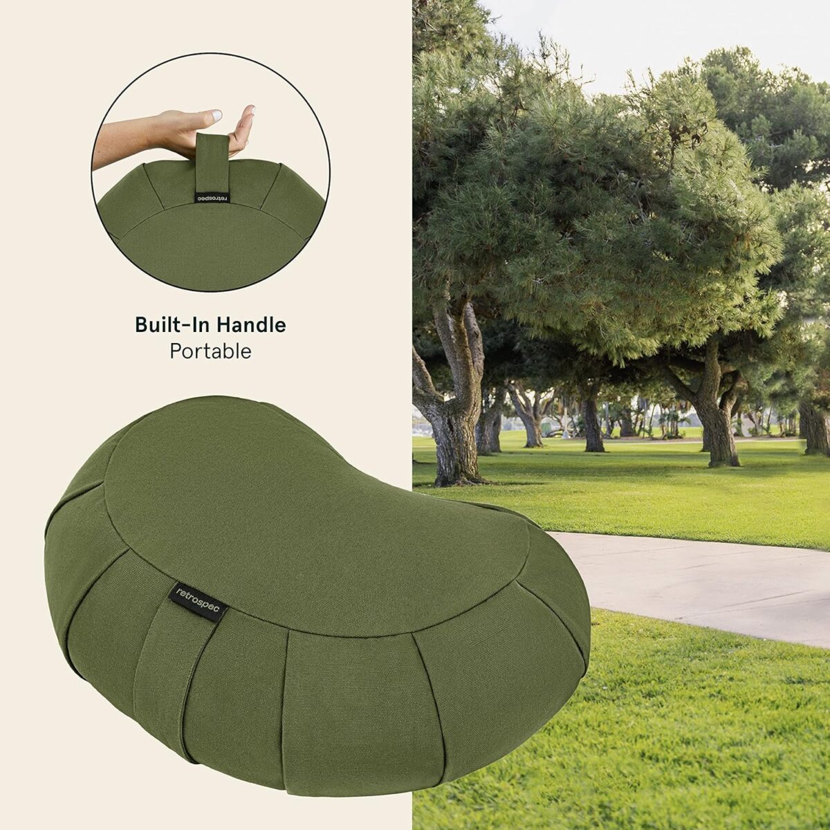 Retrospec Sedona Zafu Meditation Cushion Filled w/Buckwheat Hulls - Yoga Pillow for Meditation Practices - Machine Washable 100% Cotton Cover & Durable Carry Handle; Crescent, Basil - Image 3