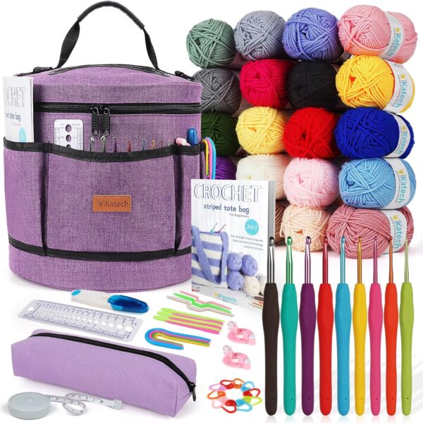 Katech Crochet Kit for Beginners, Beginner Crochet Kit for Adults and Kids Crochet Kits Includes Crochet Hooks Knitting Bag Crochet Yarn for Crocheting Instruction Knitting Kit Crochet Supplies Gift