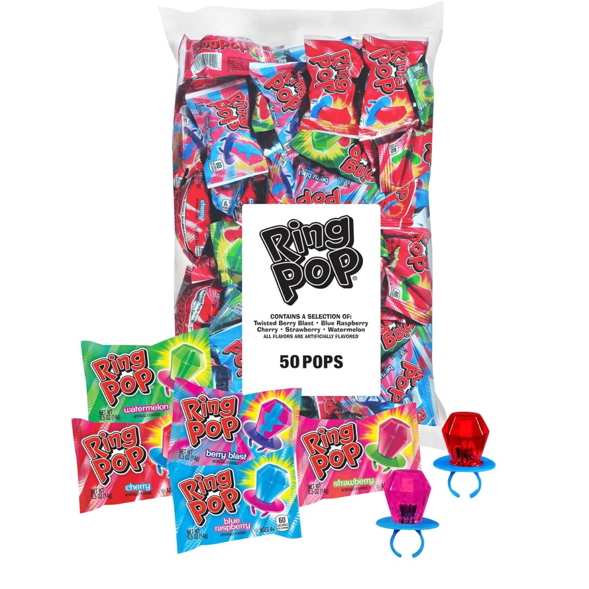 Ring Pop Individually Wrapped Bulk Lollipop Variety Party Pack – 50 Count Suckers w/ Assorted Fruity Flavors - Fun Bulk Candy for Kids - Hard Candy for Party Favors, Birthdays & Goodie Bags - Image 1