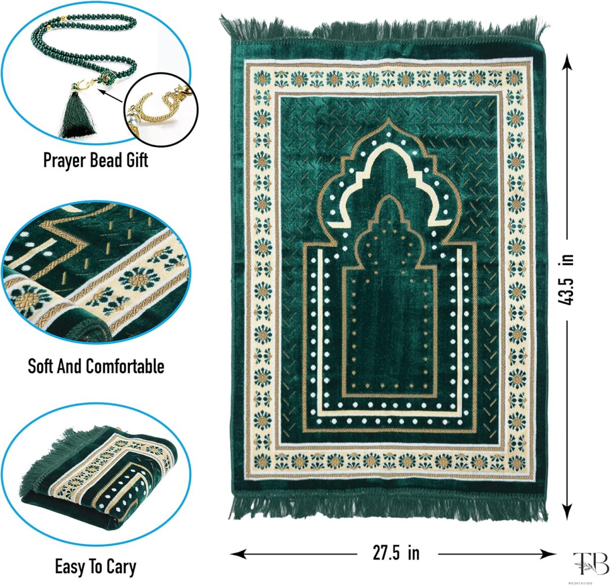 TB Islamic Prayer Rug Thick Soft Velvet Muslim Mat Unique Arabic Turkish African Embroidered Design Prayer Bead Daily Salah Prayer Meditation Ramadan Eid Gift for Women Men Kids (Green) - Image 3