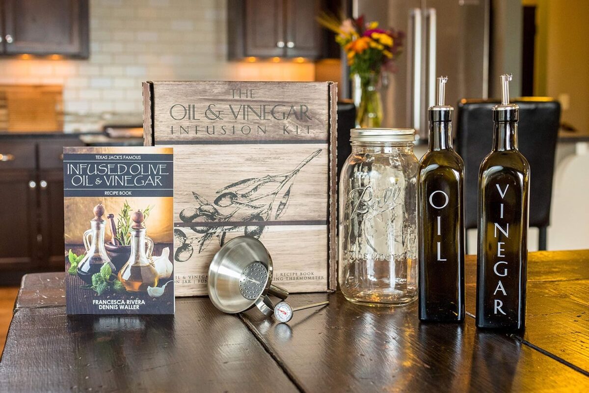 Olive Oil & Vinegar Infusion Kit - Book with 40 Recipes, Set of Green Glass Bottles with Dispensers, Mason Jar, Funnel & Strainer, and Thermometer - Image 3