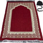 Modefa Turkish Islamic Prayer Mat - Thin Woven Chenille Sajjadah - Intricate Praying Rug Ramadan Eid Gift - Traditional Muslim Janamaz Sajada for Men Women - Geometric Selcuk Star (Red)