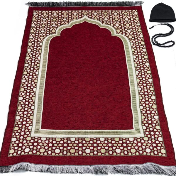 Modefa Turkish Islamic Prayer Mat - Thin Woven Chenille Sajjadah - Intricate Praying Rug Ramadan Eid Gift - Traditional Muslim Janamaz Sajada for Men Women - Geometric Selcuk Star (Red)