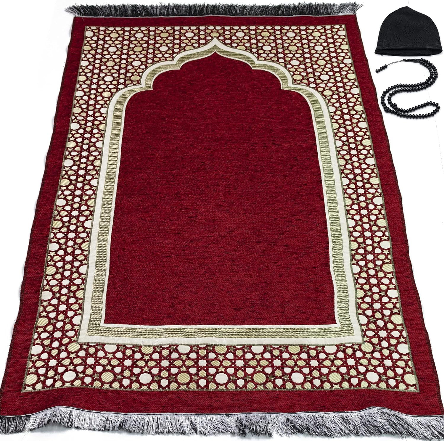 91jxGYKEilS._AC_SL1500_.jpg Modefa Turkish Islamic Prayer Mat - Thin Woven Chenille Sajjadah - Intricate Praying Rug Ramadan Eid Gift - Traditional Muslim Janamaz Sajada for Men Women - Geometric Selcuk Star (Red) - Image 1