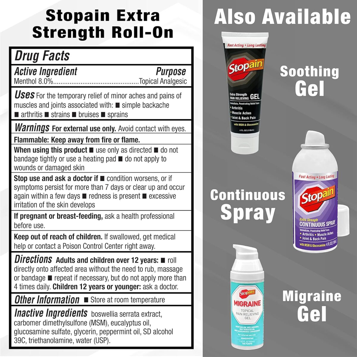 Stopain Pain Relief Roll On Gel 3oz (2 Pack) USA Made, Max Strength Fast Acting with MSM, Glucosamine, Menthol for Arthritis, Lower Back, Knee, Neck, HSA FSA Approved Topical Analgesic Products - Image 6