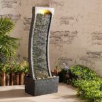 Teamson Home 38.58 in. Modern Curved Faux Slate Waterfall Fountain for Indoors or Outdoors with LED Light Accents and 1.98-Gallon Pump, Black and Stone Gray - Image 2