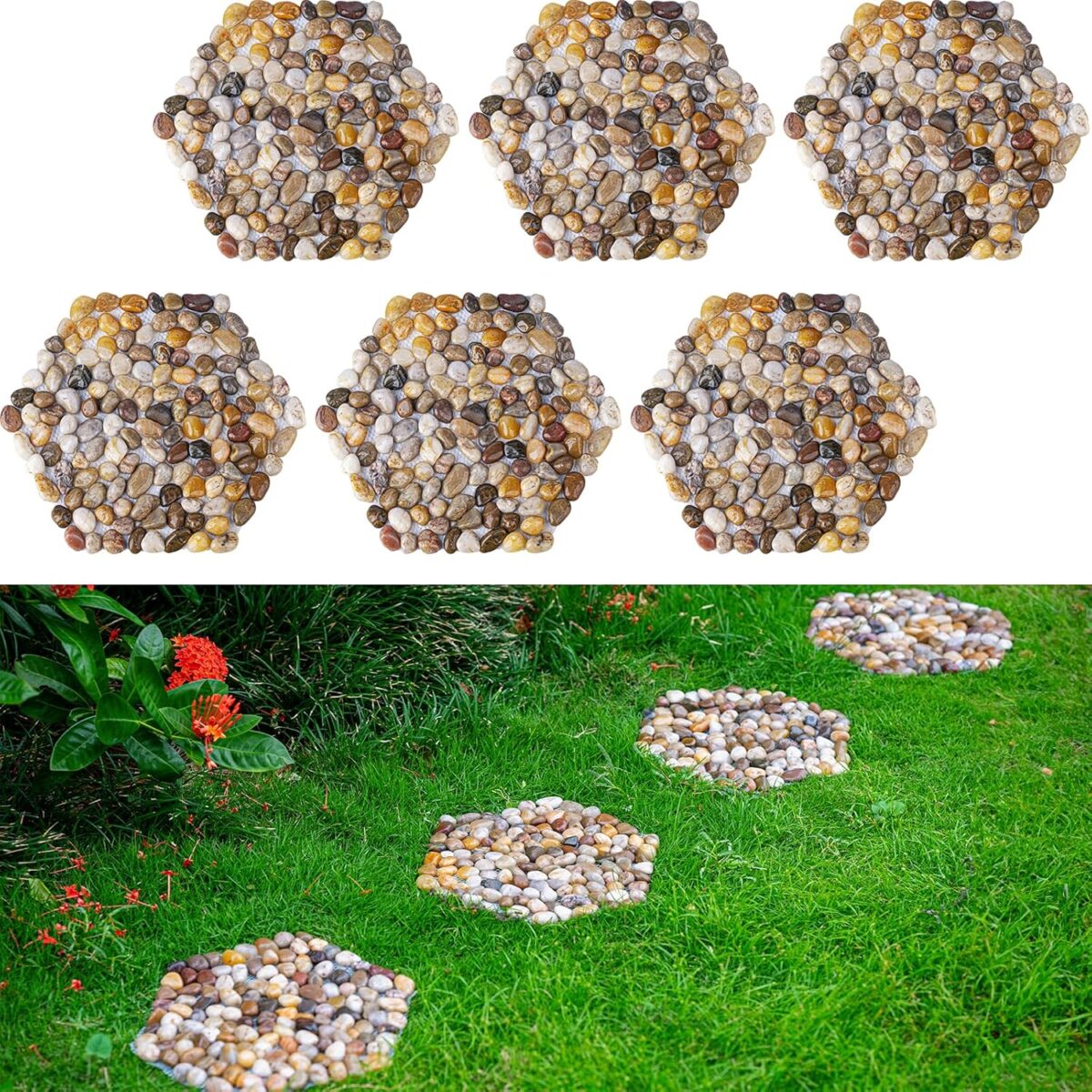 River Rocks Stepping Stones Pavers Outdoor for Garden Walkway, Pebbles Polished Gravel for Yard Lawn Patio Pathway Landscaping, Set of 6 (Hexagon) - Image 1