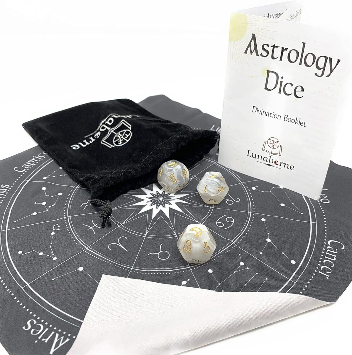 Lunaborne Astrological Divination Dice - Includes Instruction Booklet, Divination Cloth, & Velvet Drawstring Bag - Image 2
