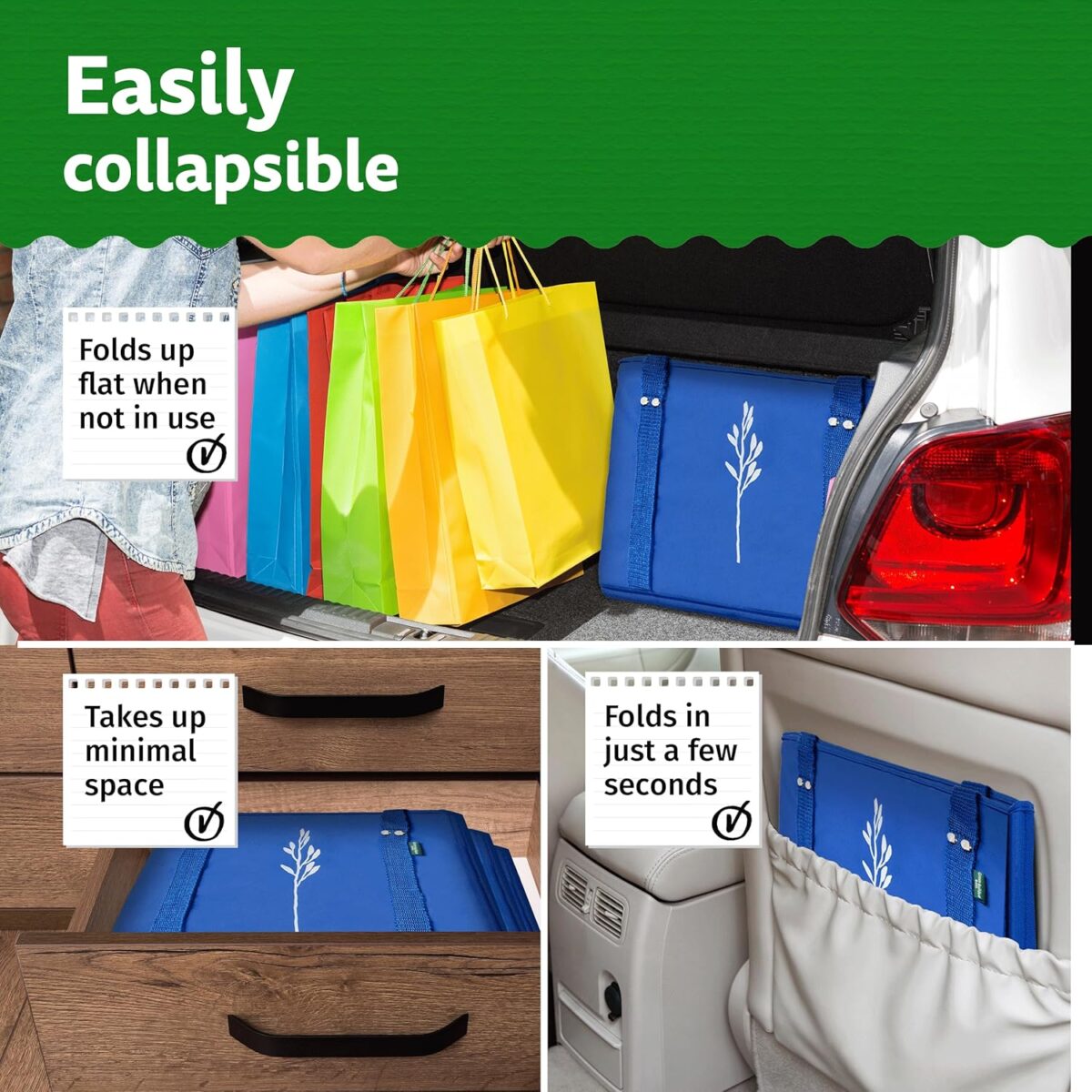 Green Bulldog Reusable Grocery Bags - Heavy Duty Reusable Shopping Tote Bags W/Long Handles, Foldable & Collapsible, Holds Up to 65 lbs - for Kitchen, Picnic 3 Pack - Image 8