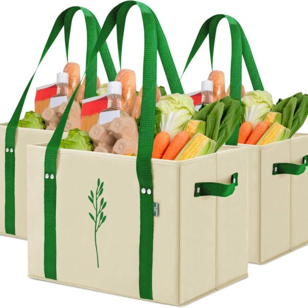 Green Bulldog Reusable Grocery Bags - Heavy Duty Reusable Shopping Tote Bags W/Long Handles, Foldable & Collapsible, Holds Up to 65 lbs - for Kitchen, Picnic 3 Pack