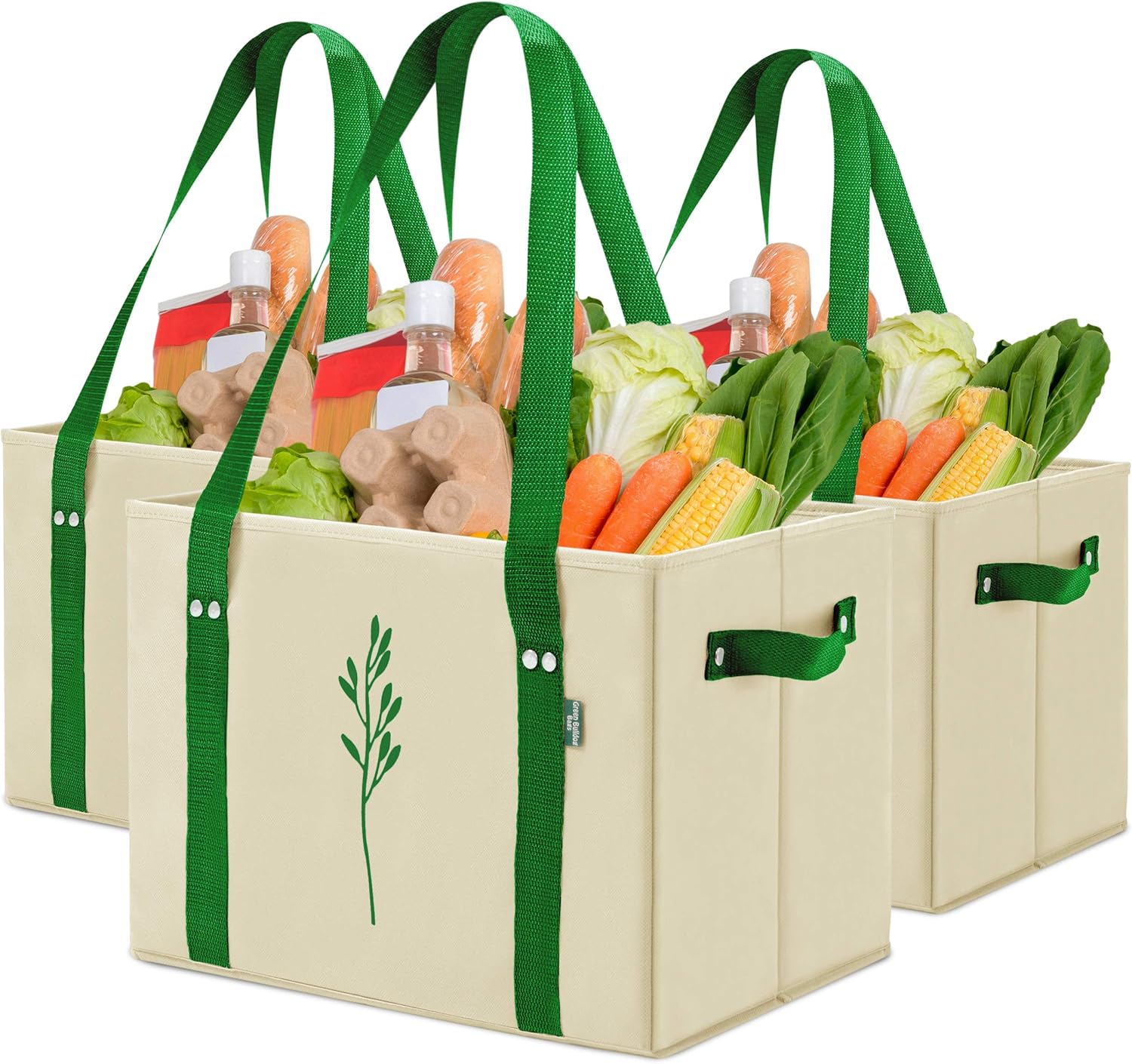 91q7-bzj1L._AC_SL1500_.jpg Green Bulldog Reusable Grocery Bags - Heavy Duty Reusable Shopping Tote Bags W/Long Handles, Foldable & Collapsible, Holds Up to 65 lbs - for Kitchen, Picnic 3 Pack - Image 1