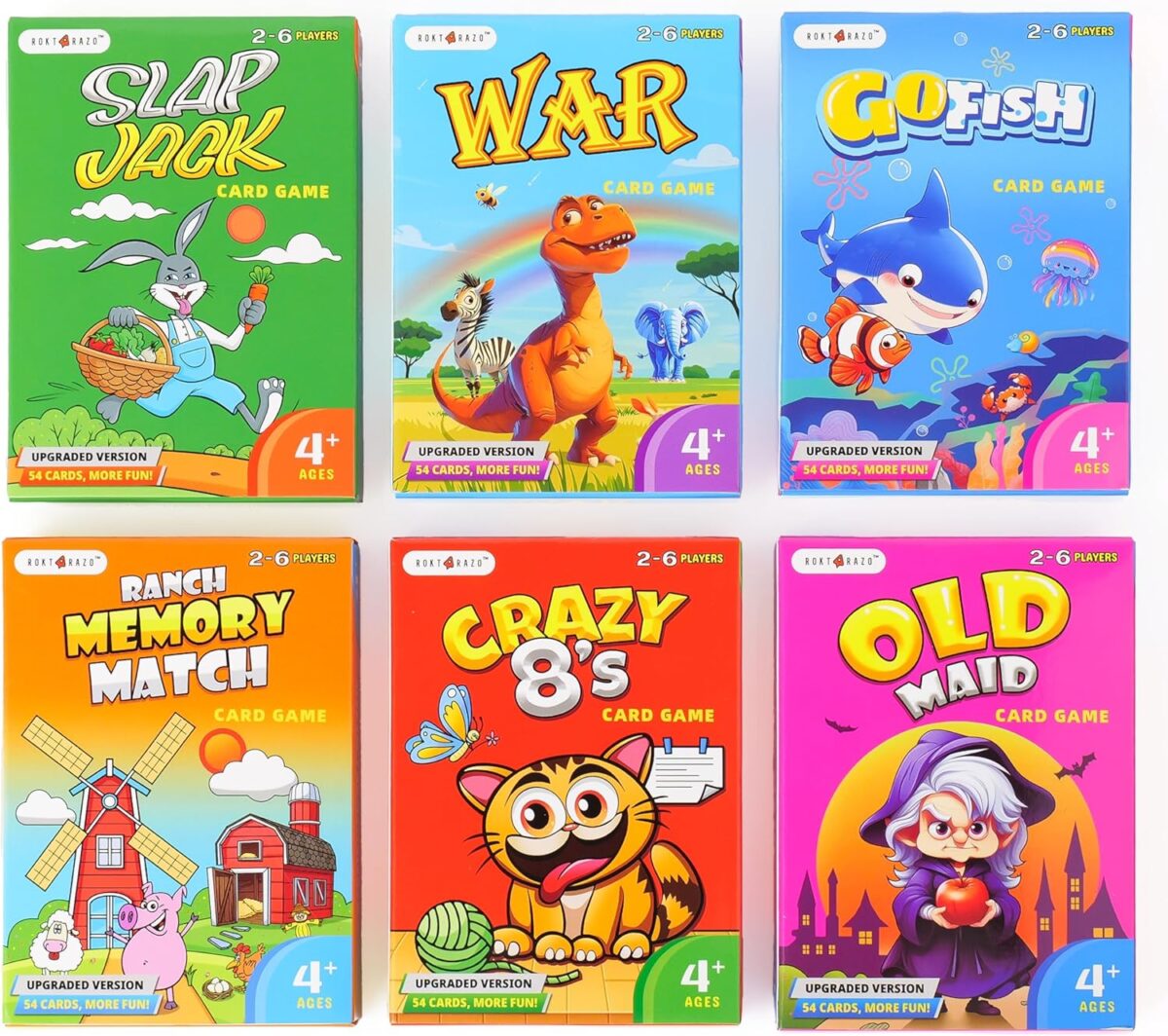 Upgraded Kids Card Games Pack, 6 Decks, Go Fish, Old Maid, Crazy Eights, Memory Match, Slap Jack, War, Playing Cards, Easter Basket Stuffers, Stocking Stuffers - Image 1