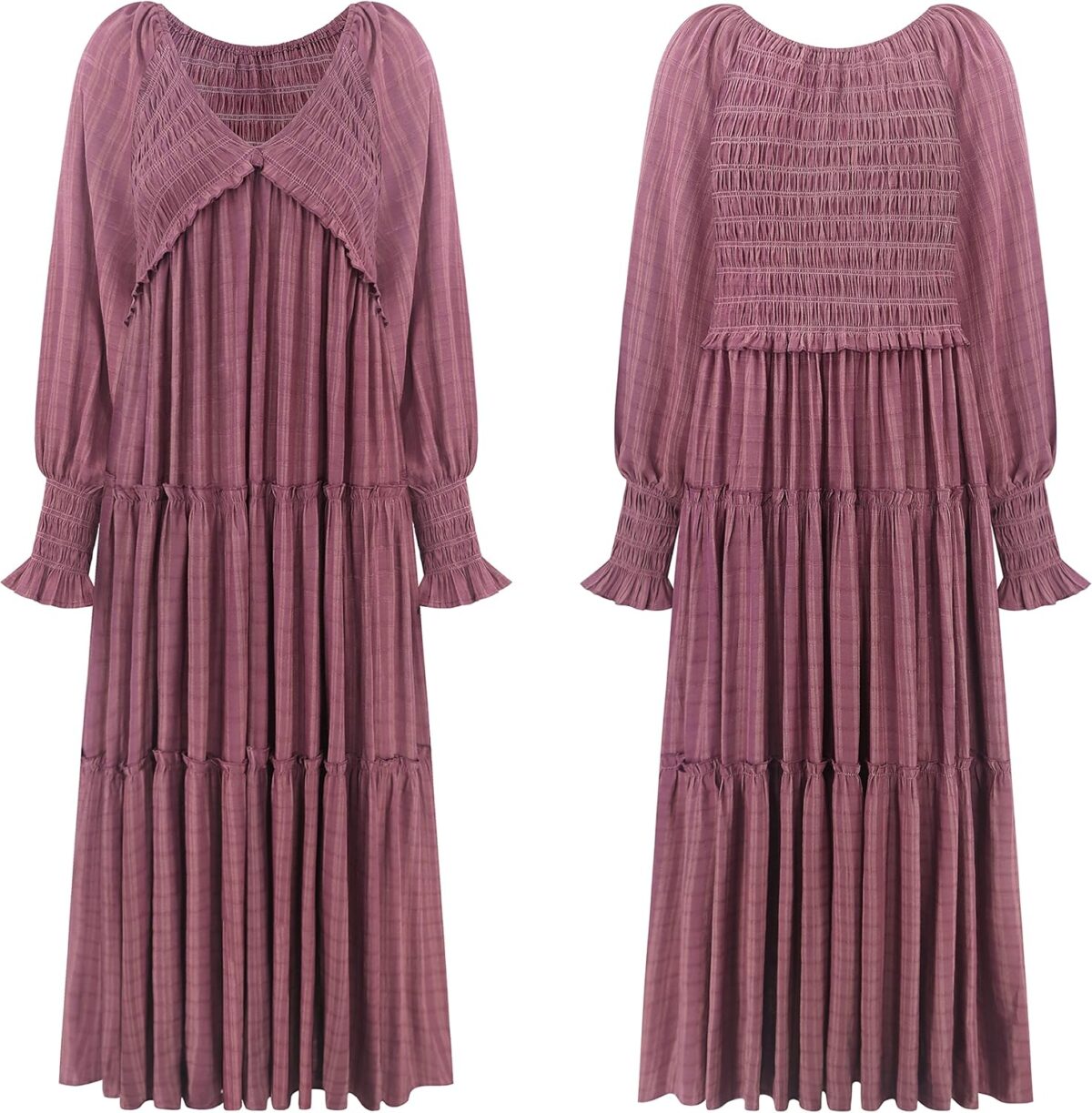 R.Vivimos Maxi Dress for Women Long Sleeve V Neck Empire Waist Layered Ruffle Boho Casual Flowy Long Dresses - Image 6