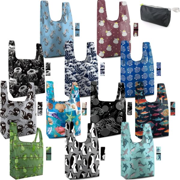 BeeGreen 12 Pack Bulk Reusable Grocery Bags Shopping Bags for Groceries Cloth Bags Gift Bags Foldable Tote Bag Large Holiday Bags with Handles Heavy Duty Animal Lover Gifts for Women
