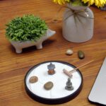Nature's Mark Mini Zen Garden Kit for Desk with Rake, White Sand, Black Round Base, Miniature Pagoda Figure, River Rocks and Miniature Buddha Figure (6Lx6W Round B) - Image 5