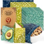 Akeeko Reusable Beeswax Food Wraps - Assorted 9 Packs, Reusable, Plastic-Free Food Storage, 5 Small, 3 Medium, 1 Large Wraps with Abstract Curves Pattern