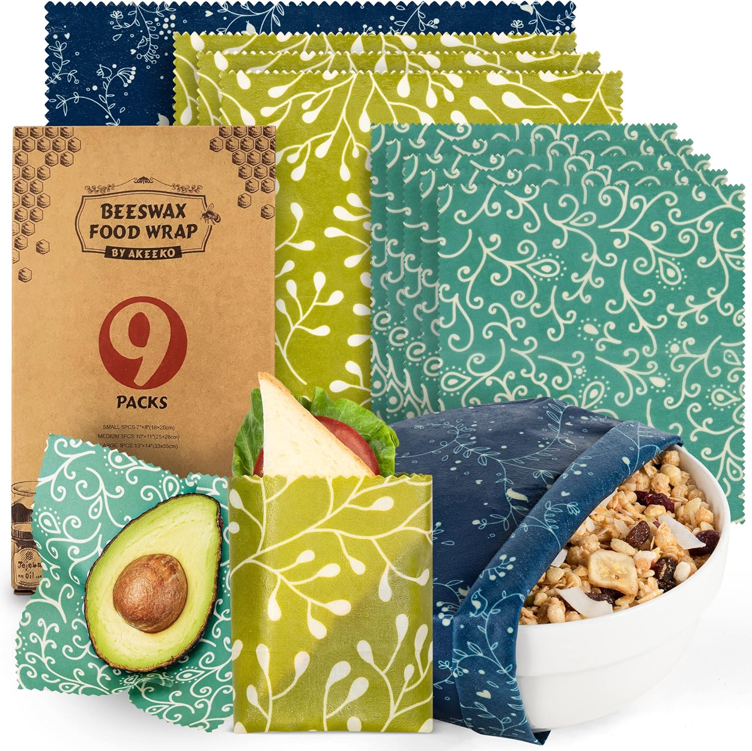 91uYpJXczSL._AC_SL1500_.jpg Akeeko Reusable Beeswax Food Wraps - Assorted 9 Packs, Reusable, Plastic-Free Food Storage, 5 Small, 3 Medium, 1 Large Wraps with Abstract Curves Pattern - Image 1