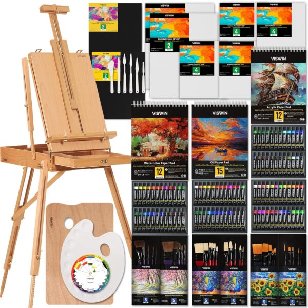 VISWIN All-in-One Artist Painting Set, 147 Pcs Professional Painting Kit with French Easel, 96 Oil, Watercolor & Acrylic Paint Set, Canvas, Paintbrush, Palette, Paint kit for Adult, Artist, Beginner