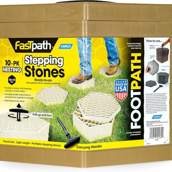 Camco 44534 Tan Fastpath Portable Stones (, Ideal for Providing A Solid Stepping Surface and Keeping Shoes Clean, 10 Pack