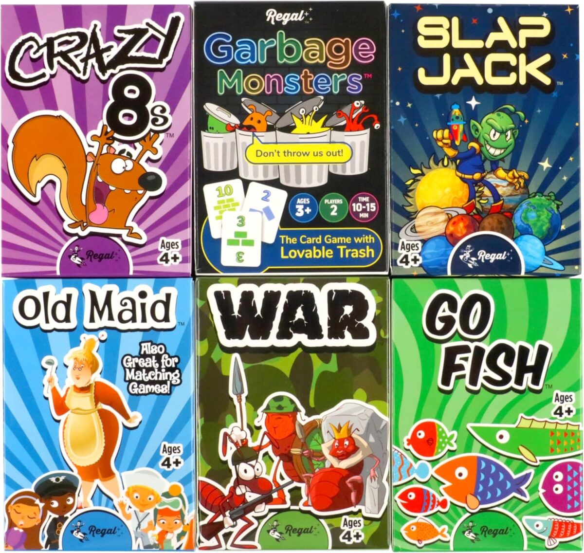 Regal Games Card Games for Kids - Go Fish, Crazy 8's, Old Maid, Slap Jack, Garbage Monster, War - Simple & Fun Classic Family Table Games - Games May Vary (6 Set) - Image 1