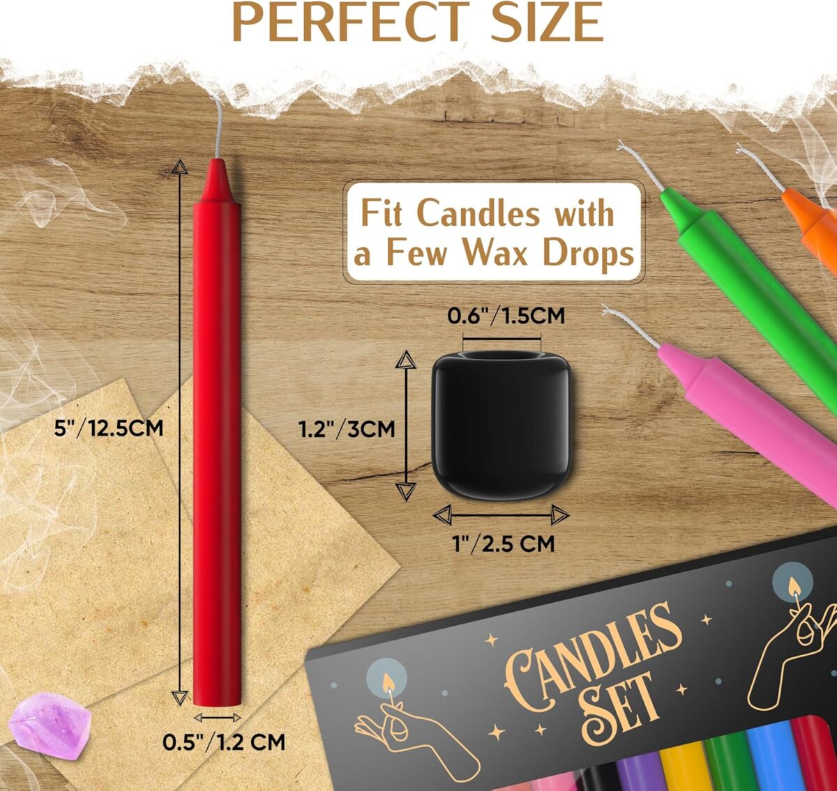 Wyspell - 36 Colored Taper Candles for Witchcraft | 5" Height & 1/2" Diameter | Candle Sticks for Witch Decor | 6 Spell Holders | Shabbat | Chime | Wiccan - Image 3