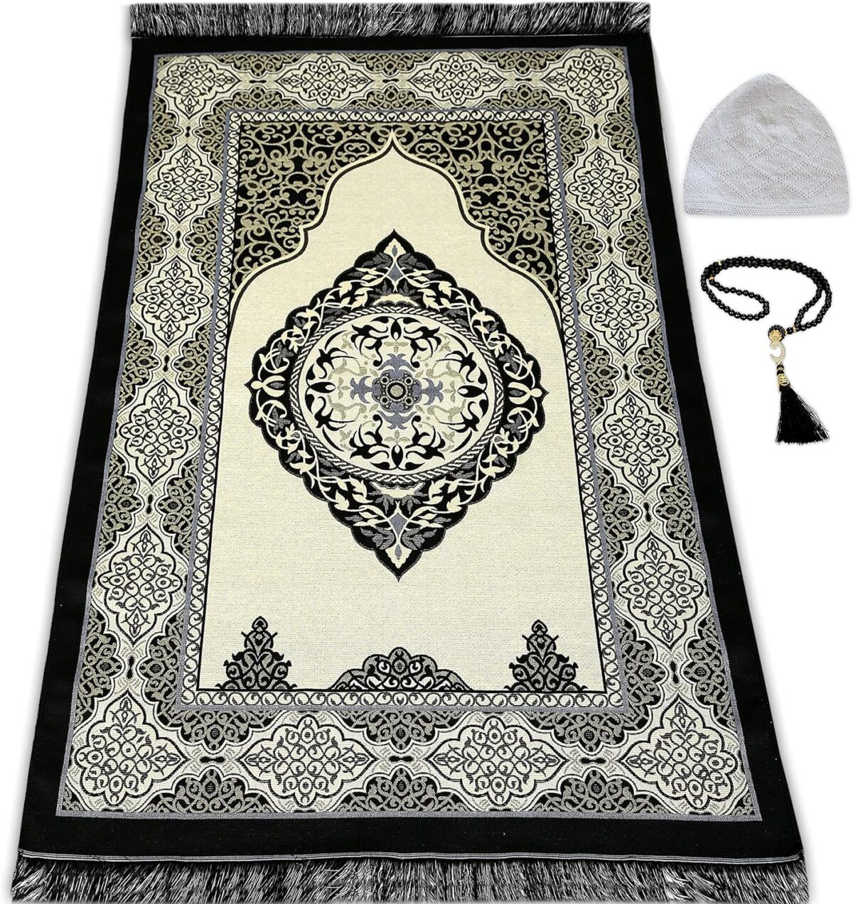 Muslim Prayer Rug - 99 Beads & Cap Included, Islam Prayer Mats for Men, Women & Kids (Black) - Image 2