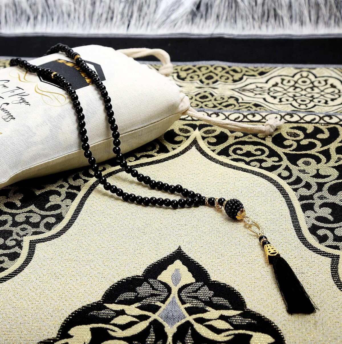 Muslim Prayer Rug - 99 Beads & Cap Included, Islam Prayer Mats for Men, Women & Kids (Black) - Image 4