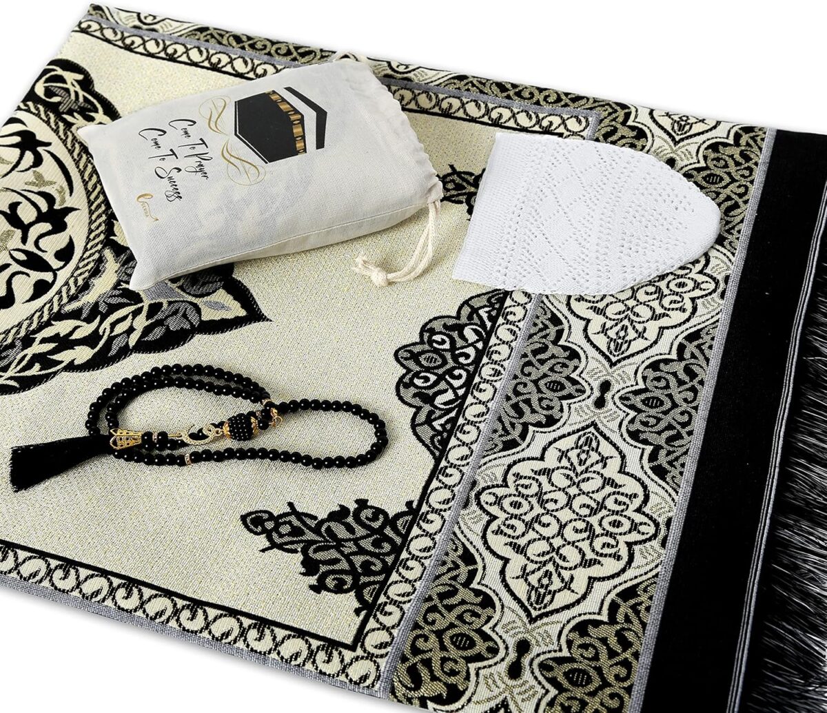 Muslim Prayer Rug - 99 Beads & Cap Included, Islam Prayer Mats for Men, Women & Kids (Black) - Image 3