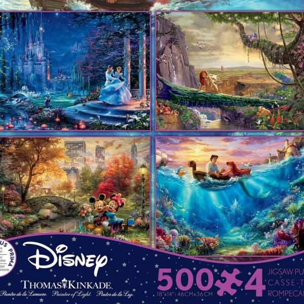 Ceaco - 4 in 1 Multipack - Thomas Kinkade - Disney Dreams Collection - Cinderella, The Lion King, Mickey and Minnie, & The Little Mermaid - (4) 500 Piece Jigsaw Puzzles , Blue