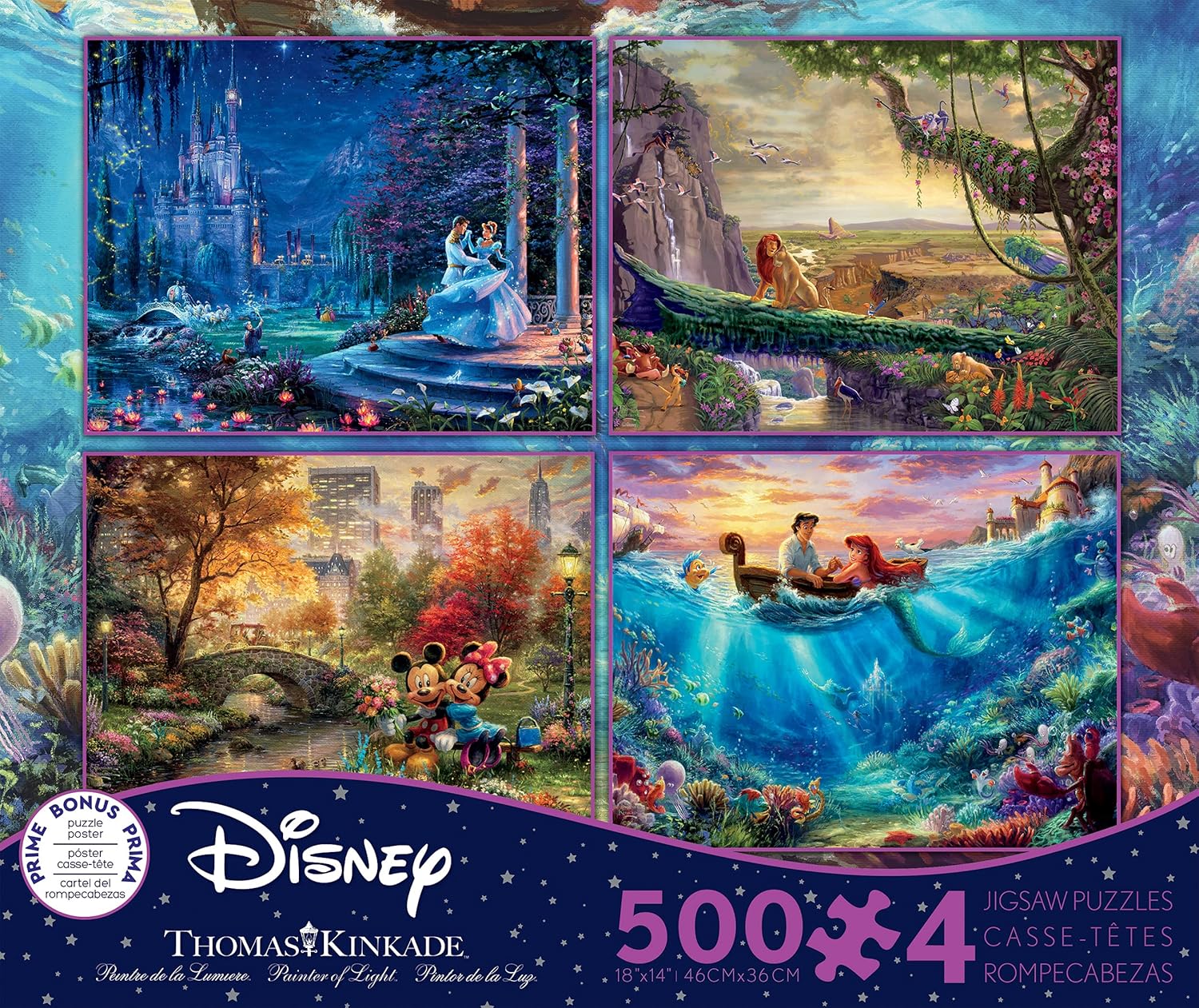 A1pG-VrFBOL._AC_SL1500_.jpg Ceaco - 4 in 1 Multipack - Thomas Kinkade - Disney Dreams Collection - Cinderella, The Lion King, Mickey and Minnie, & The Little Mermaid - (4) 500 Piece Jigsaw Puzzles , Blue - Image 1
