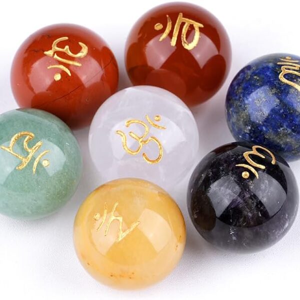 TGS Gems 7pcs Chakra Sphere Crystal Stones Natural Reiki Healing Crystals Gemstones with Engraved Chakra Symbol Chakra Stone Kit for Meditation Crystal