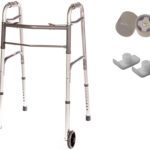 Walker Folding Deluxe 2 Button with Front 5" Wheels and Additional 2 Pair Free Rear Glides for, Adjustable Height (Short, Standard, Tall People) by Healthline Trading